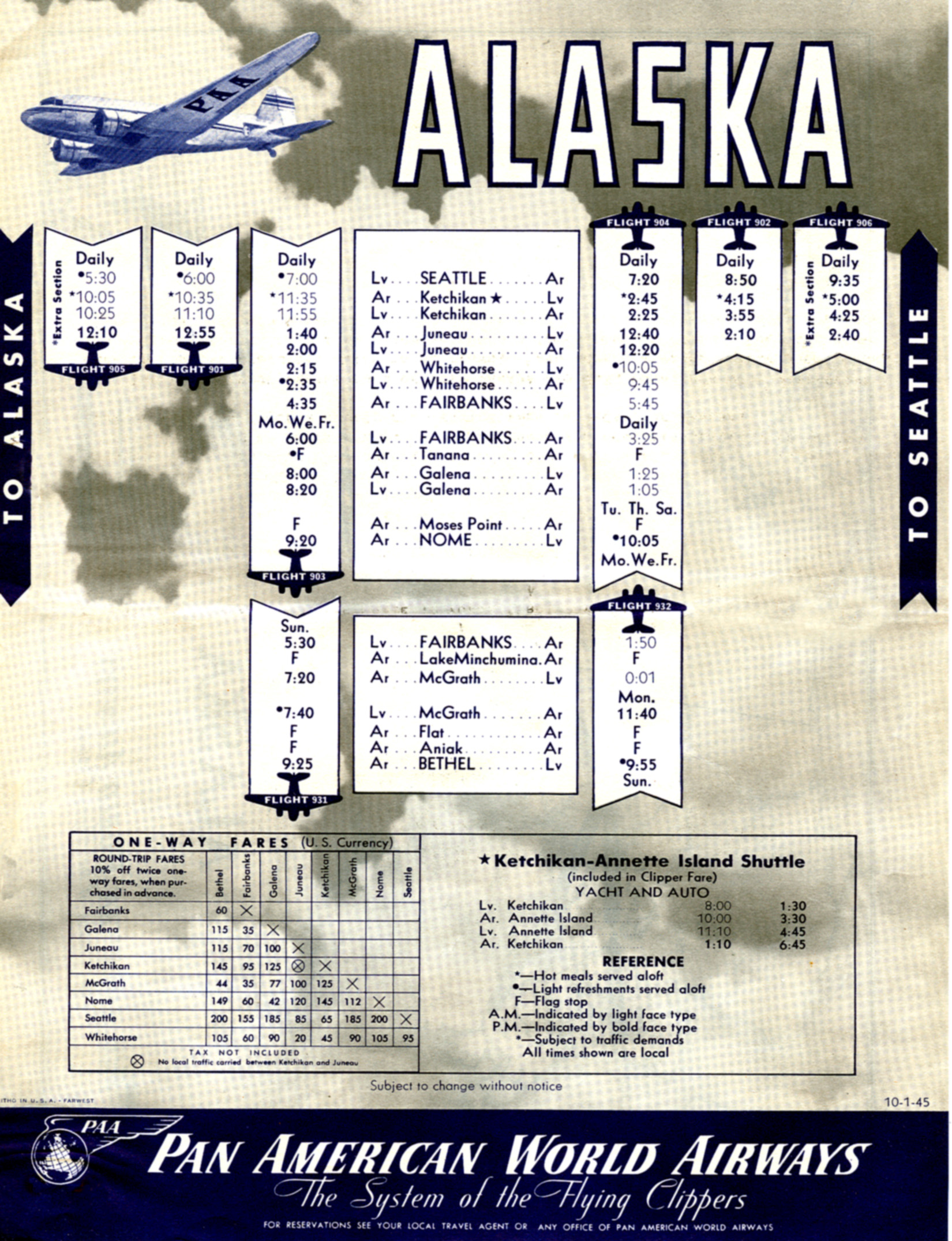 1946 Pan Am Alaskan Time Table courtesy of Claude Hudspeth/Clipper Crew Collection. 