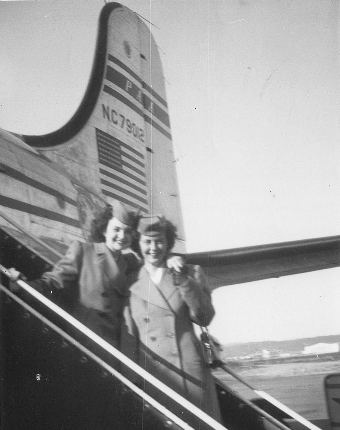 Boeing Field Airport, Seattle, 1946. Madeline and a fellow stewardess.